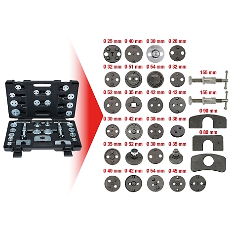 Werkzeugkasten mit verschiedenen Werkzeugen, wie z.B. runde und eckige Werkzeuge und Messwerkzeuge.